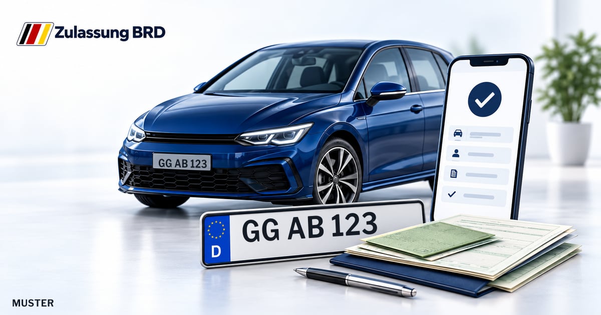 Online Fahrzeugzulassung in Groß-Gerau: Musterkennzeichen GG AB 123, Auto und Fahrzeugpapiere und Smartphone. Illustration mit Logo von Zulassung BRD.